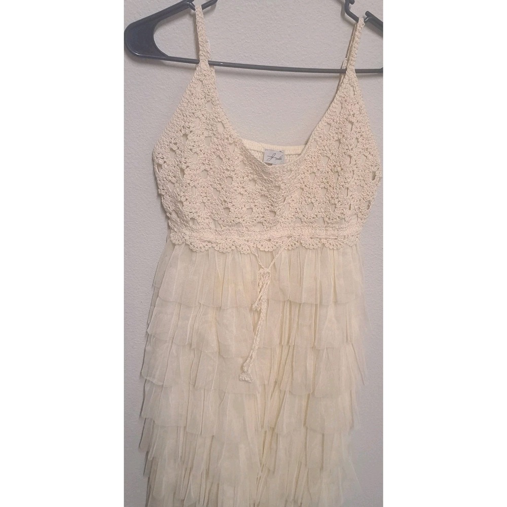 J Gee Cream Lace Ruffle Tiered Mini Dress Boho XL Festival - Picture 3 of 9